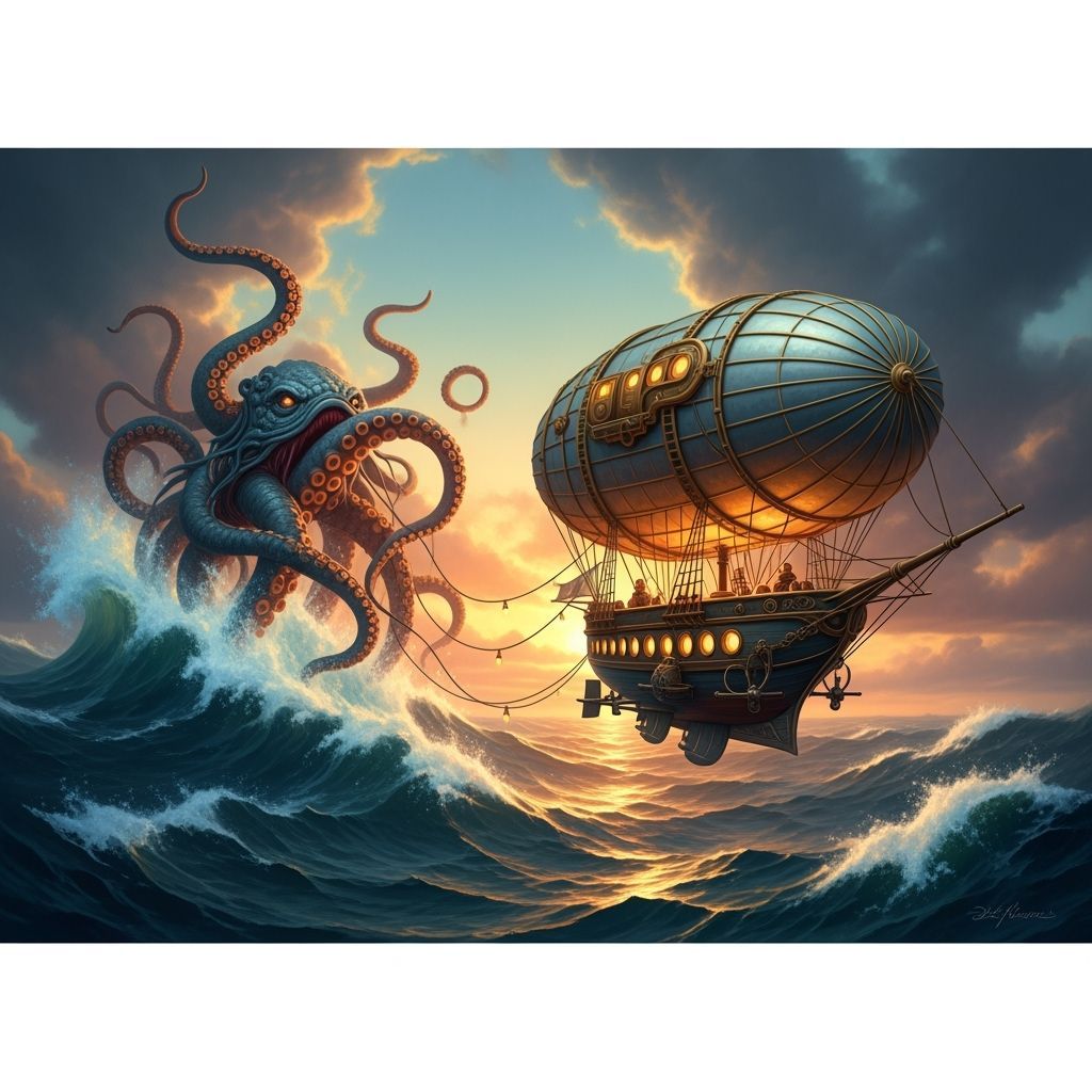 Steampunk Kraken Attacks Airship Amidst Fiery Sunset