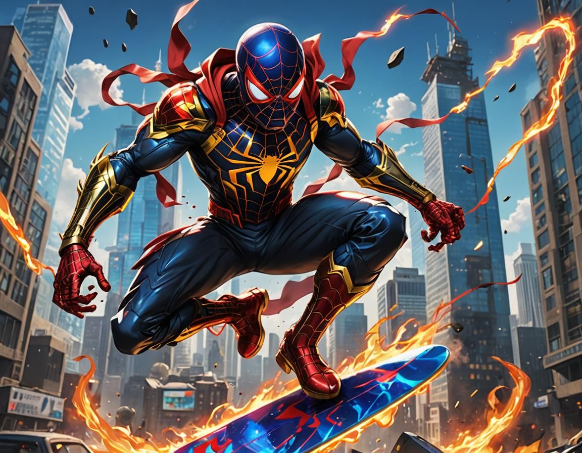 Spiderman Skateboarding, raging, tearing up the ride