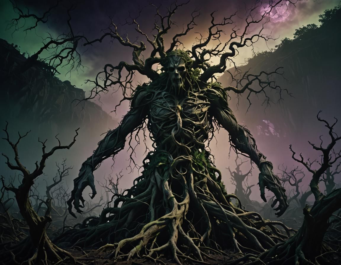 Entwined Root Figure in Barren Landscape