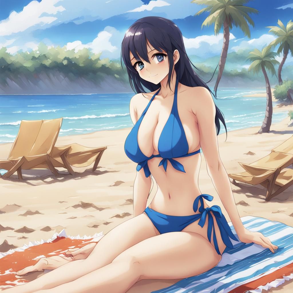Brunette Girl in Blue Bikini: Anime Style Beach Art