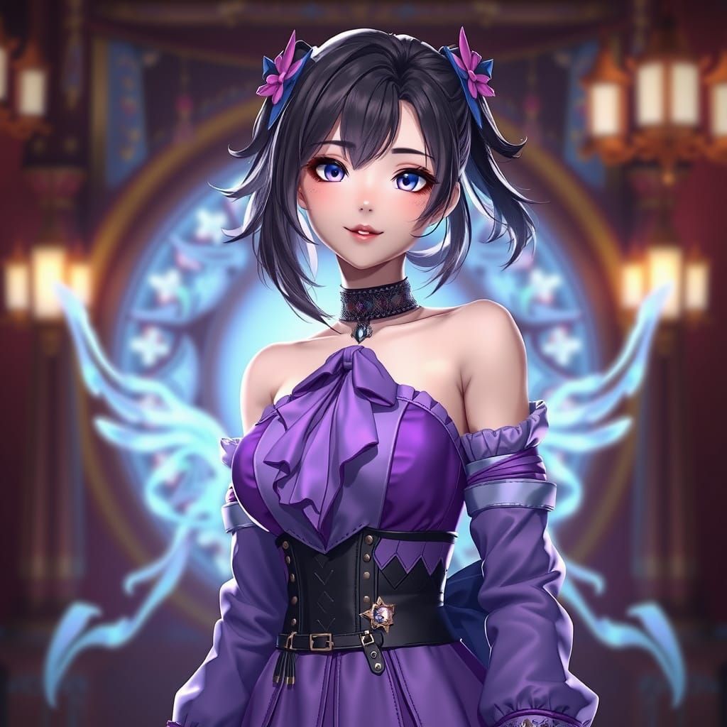 Anime Girl in Purple Dress, 3D Rendered Art