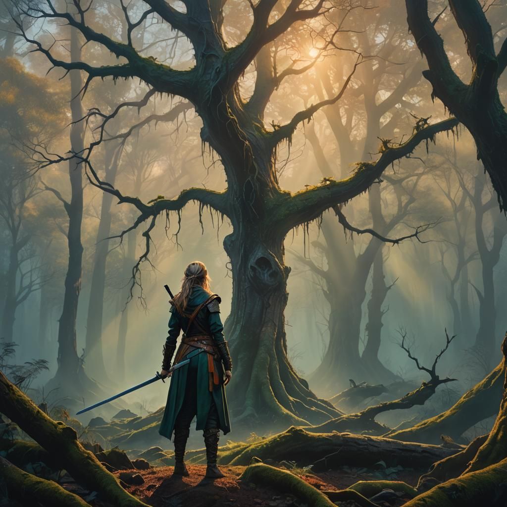 Elle Driver in Misty Forest, Fantasy Oil Painting