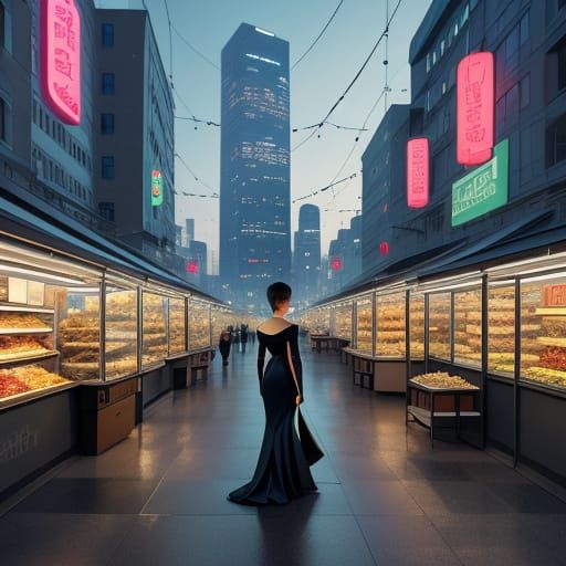 Twilight City Market with Holographic Ads