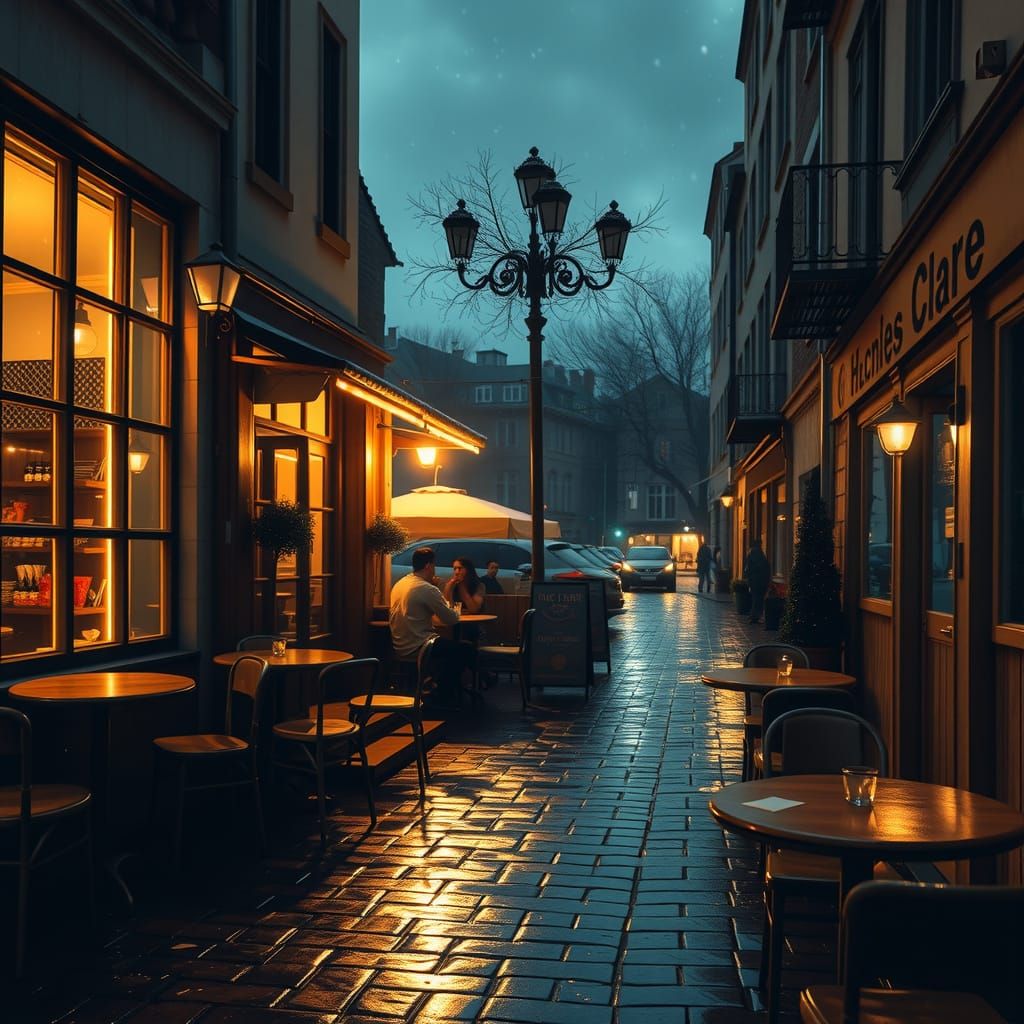 Warm Cafe Scene at Dusk with Golden Light and Reflections