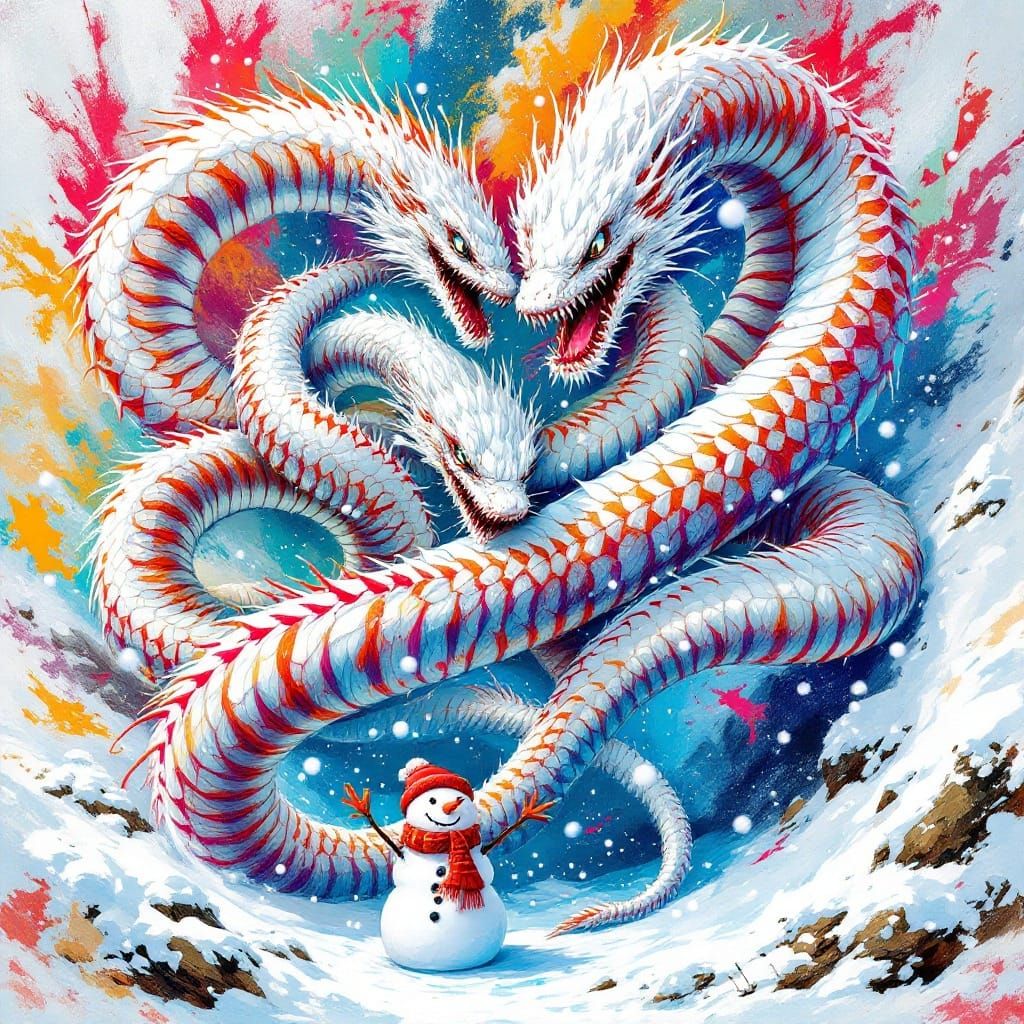 Sea Serpents Embrace Snowman, Street Art Style