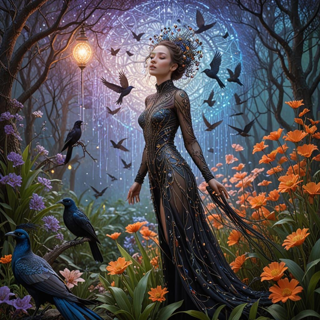 Ethereal Woman Transforms into Iridescent Birds Amidst Cosmi...