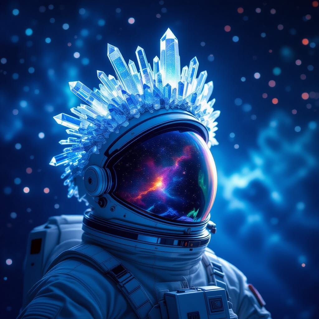 Astronaut Adrift in Cosmic Void with Crystalline Ice Crown