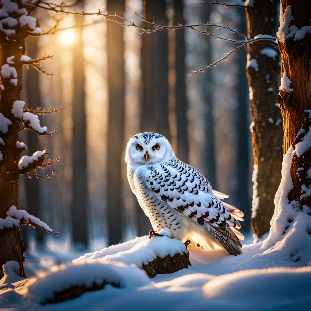 Snow Owl in Winter Forest: Photorealistic Masterpiece