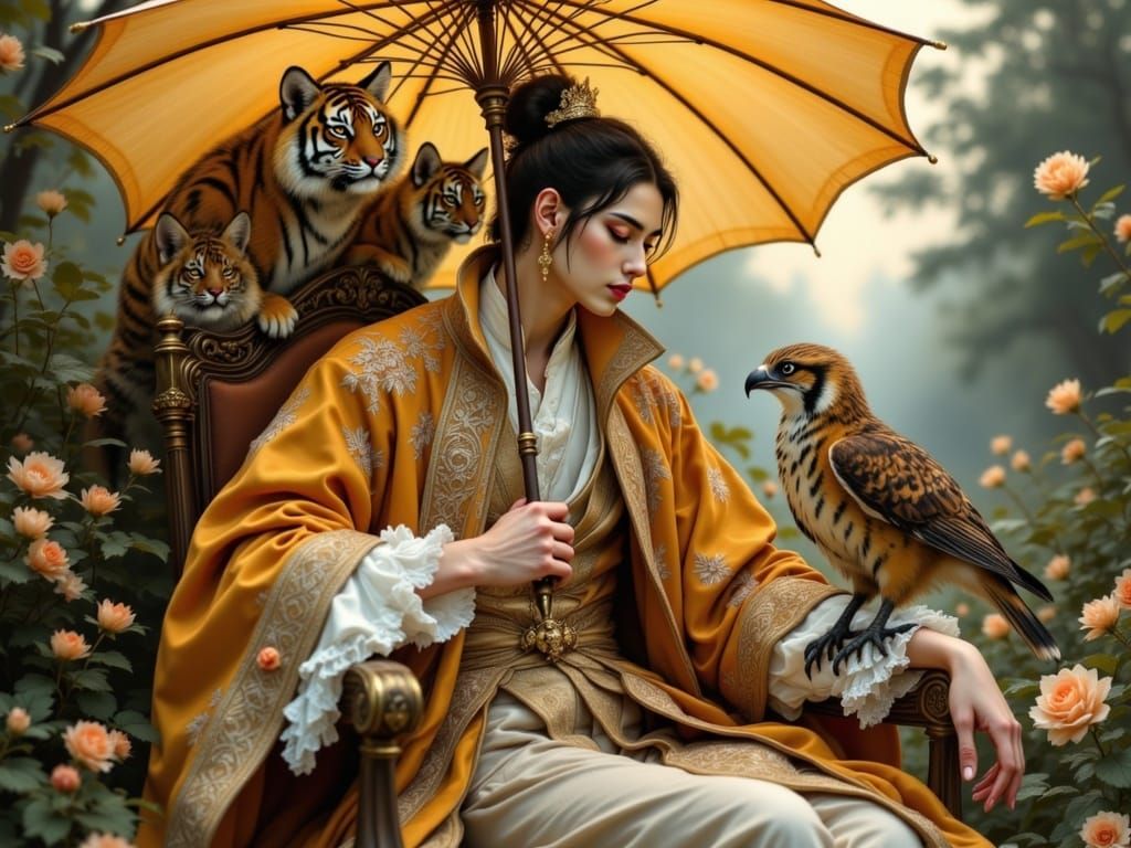 King with Tiger Cats and Falcon in Rococo Style