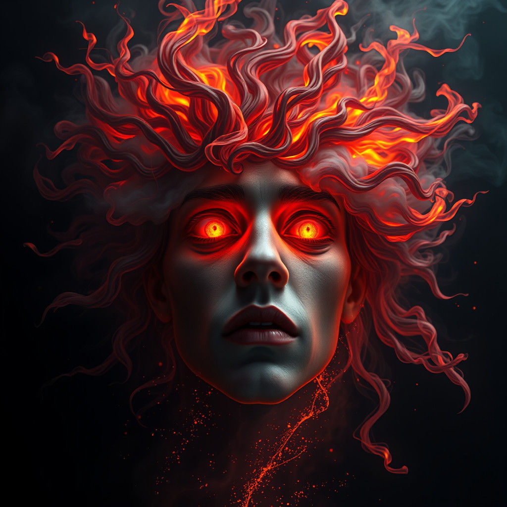Fiery Haired Face in Dreamlike Digital Painting