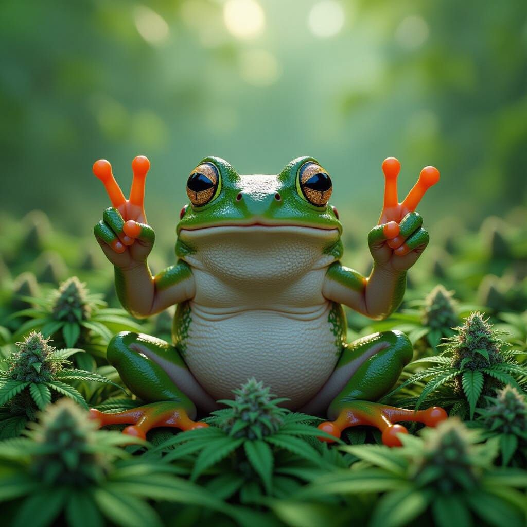 Hyperrealistic Frog in Weed Patch Holding Peace Sign