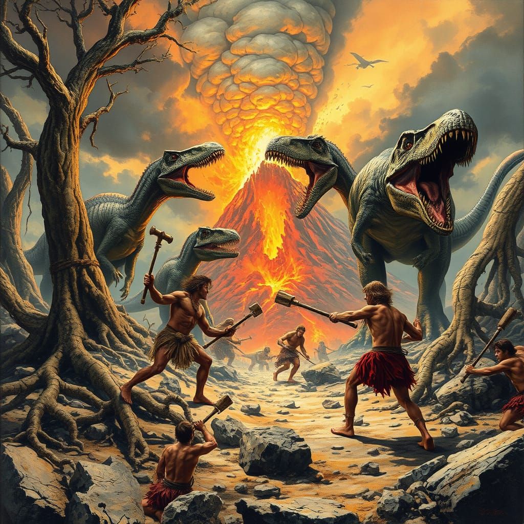 Ancient Warriors Clash with Dinosaurs Amidst a Fiery Volcani...