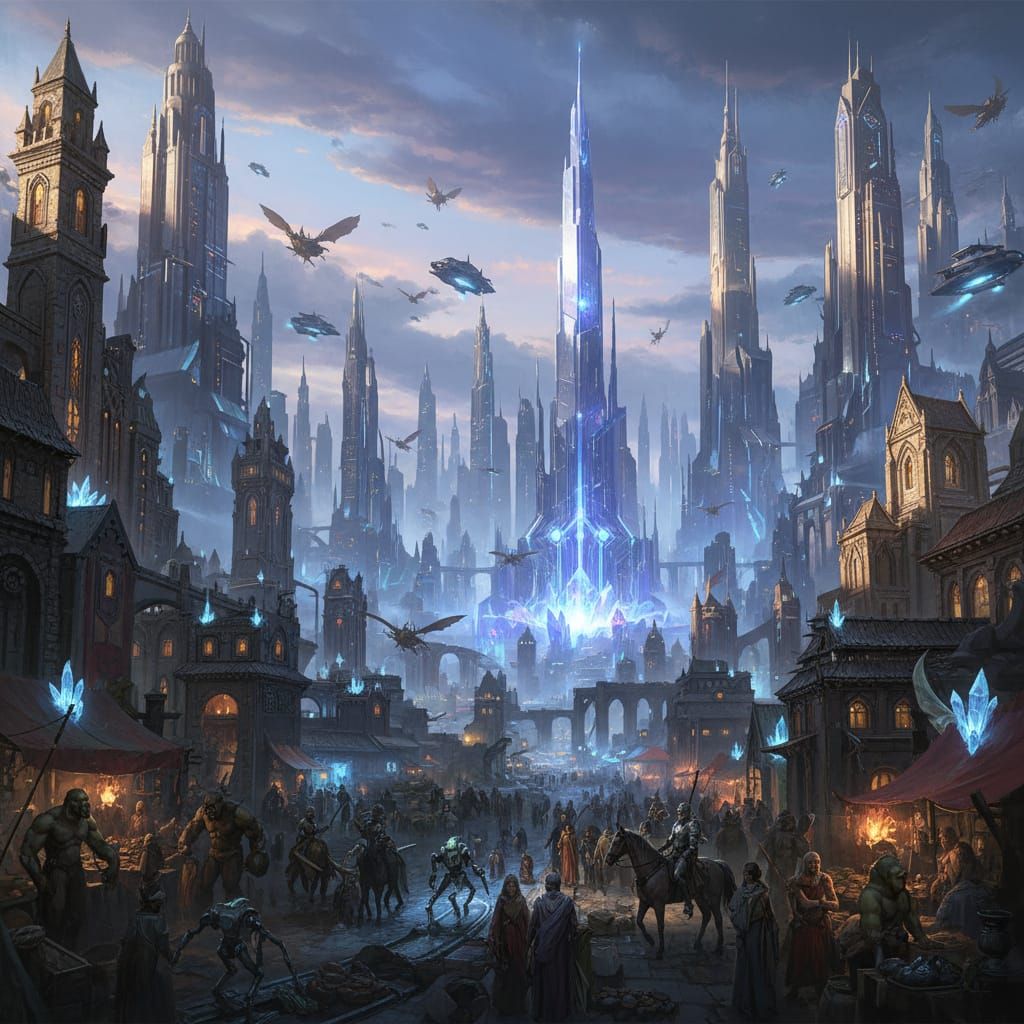 Fantasy Sci-Fi Metropolis with Flying Ships and Glowing Crys...