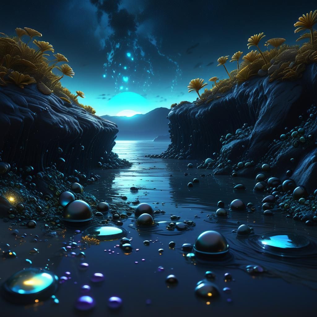 Bioluminescent Beach with Pearls and Fantasy Sky