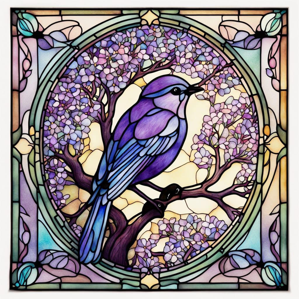 Art Nouveau Stained Glass Tree with Flowers