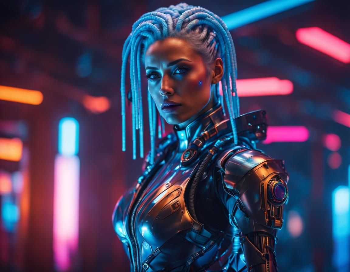 Sad Cyborg Girl with Cyberheart in Cyberpunk Style