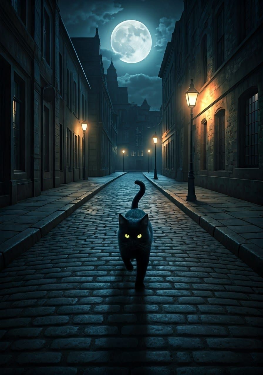 Black Cat Crossing Under Moonlight: Fantasy Concept Art