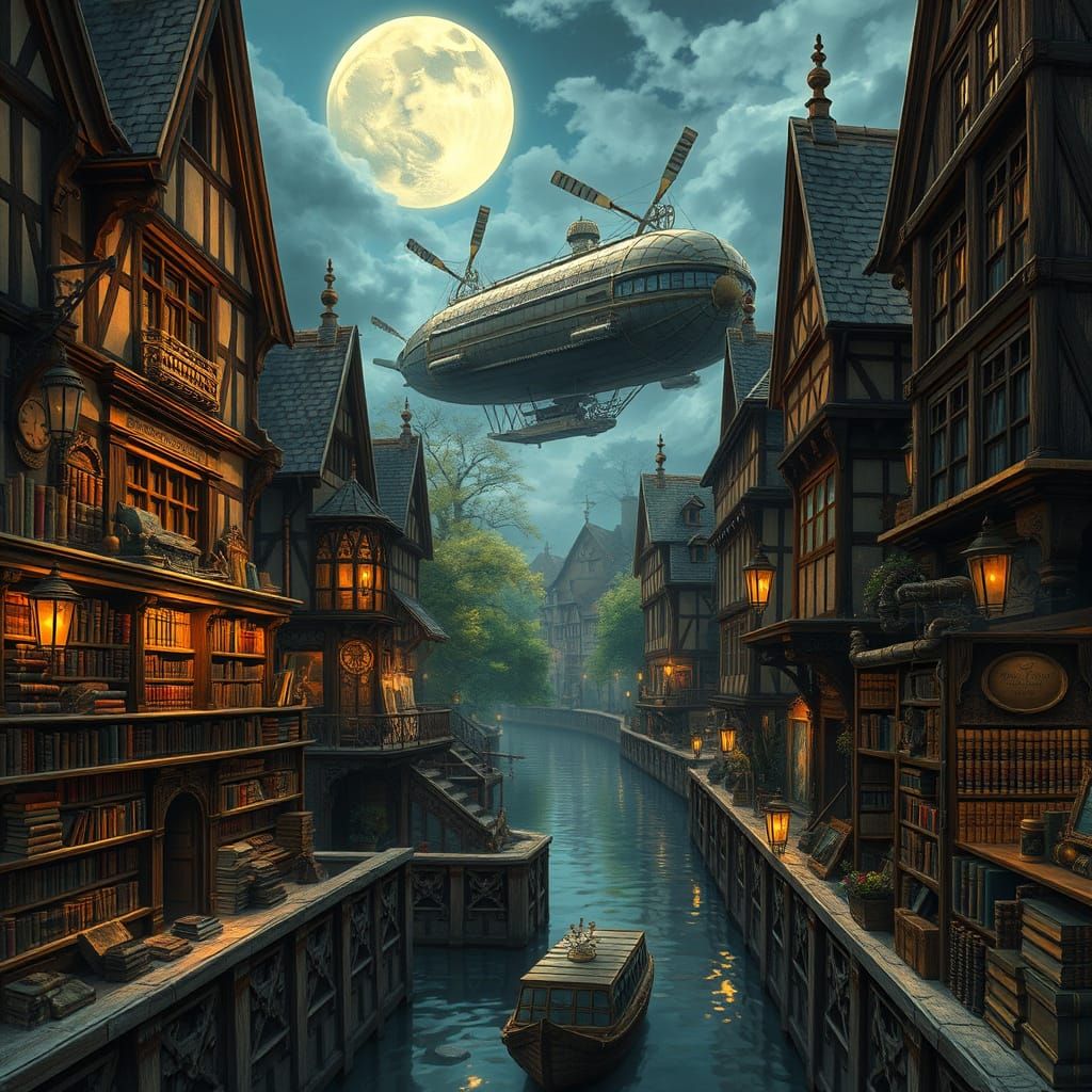 Whimsical Steampunk Village by Moonlit Canal