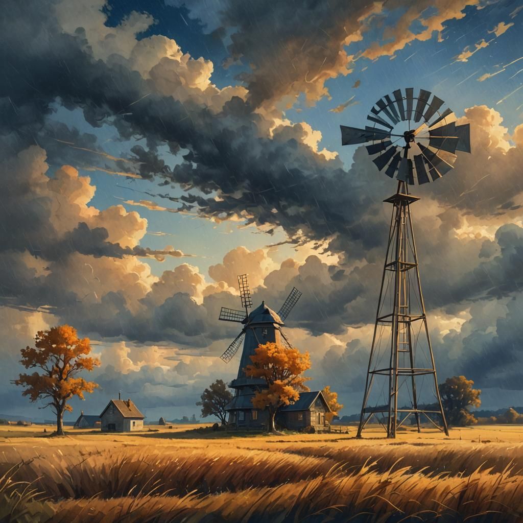 Windy Autumn Windmill as Digital Watercolor Painting