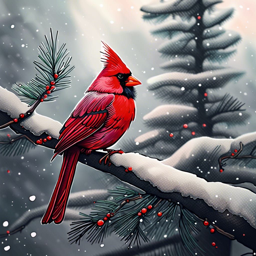 Red Cardinal in Winter Wonderland Watercolor