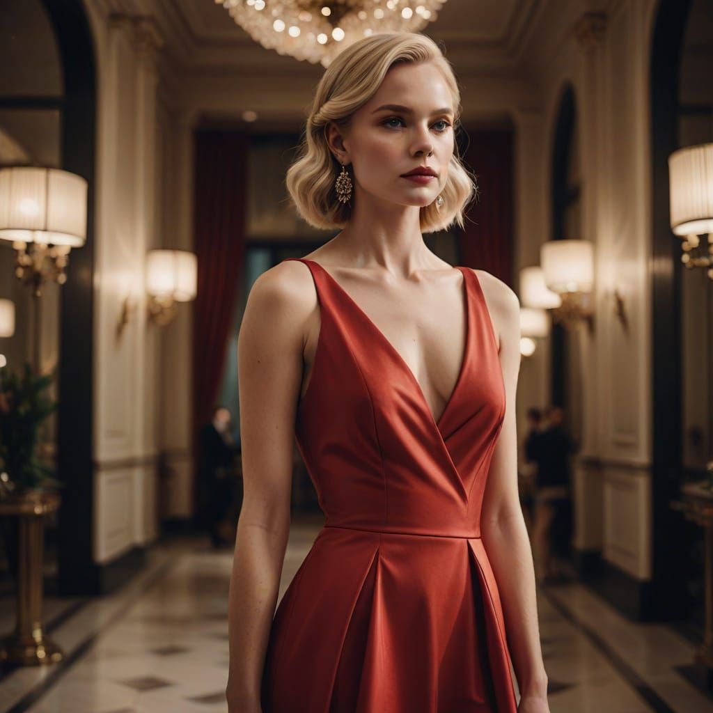 Elegant Blonde Woman in Red Evening Dress