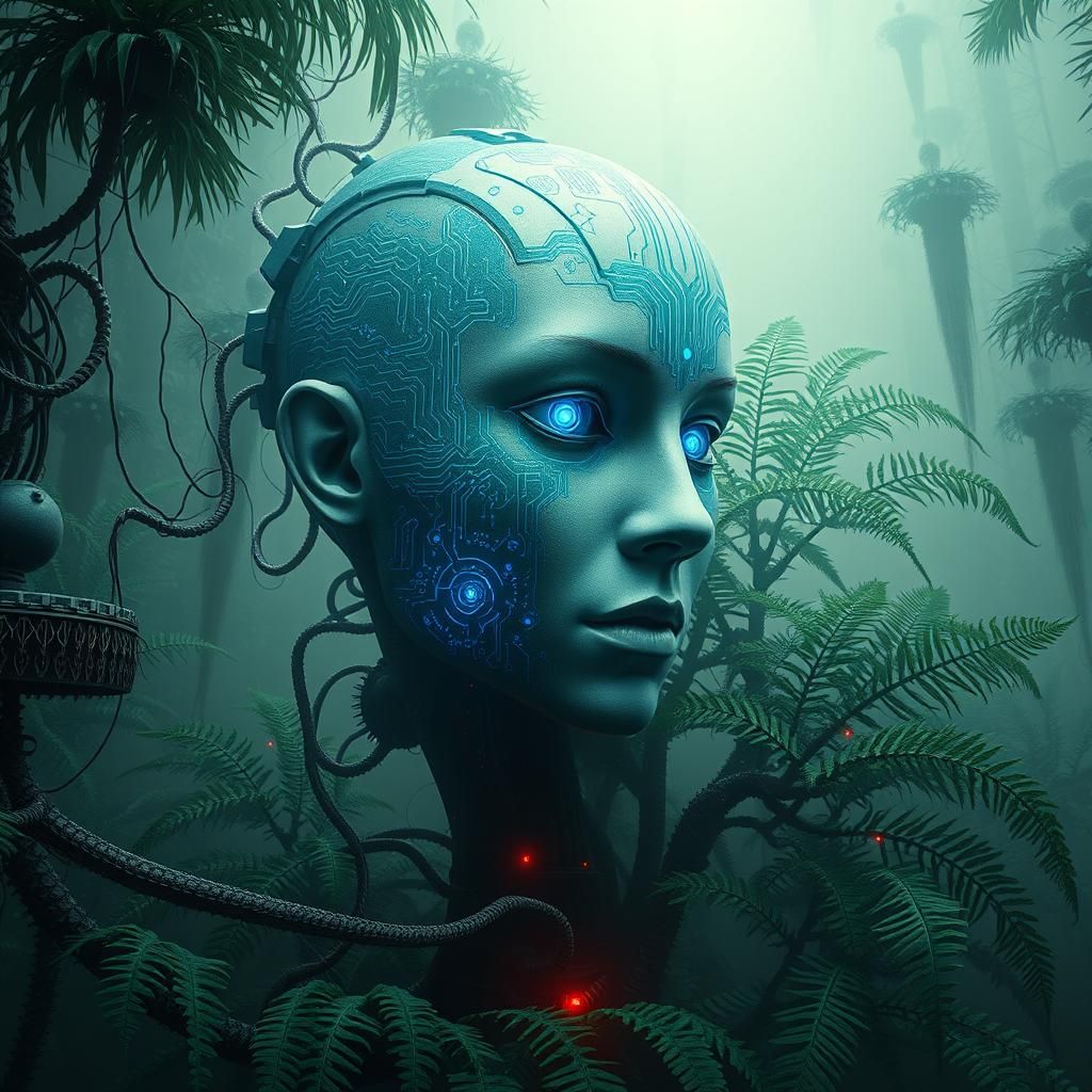 Cyborg Face in Biomechanical Cyberpunk Forest