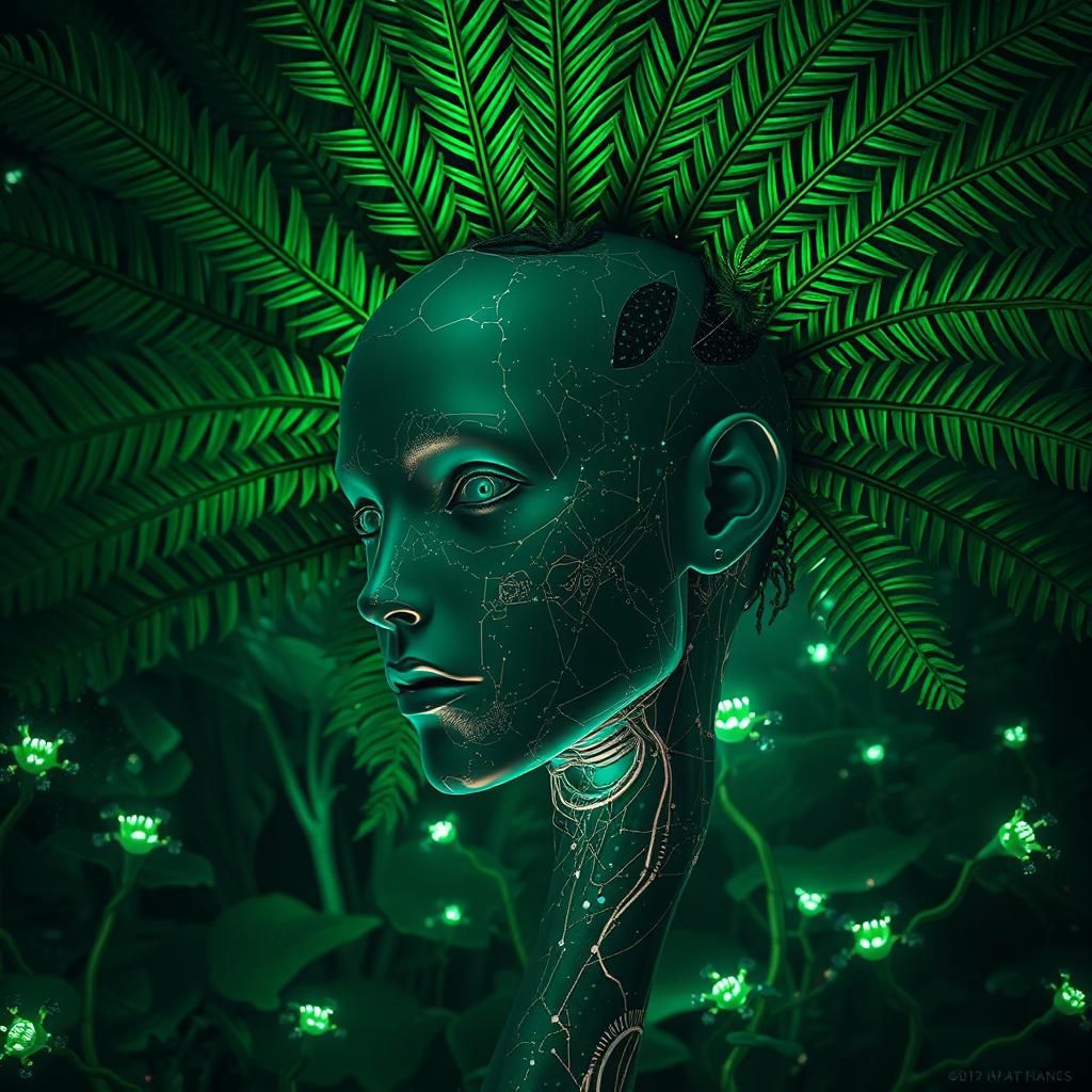 Biomechanical Humanoid Face in Ethereal Forest