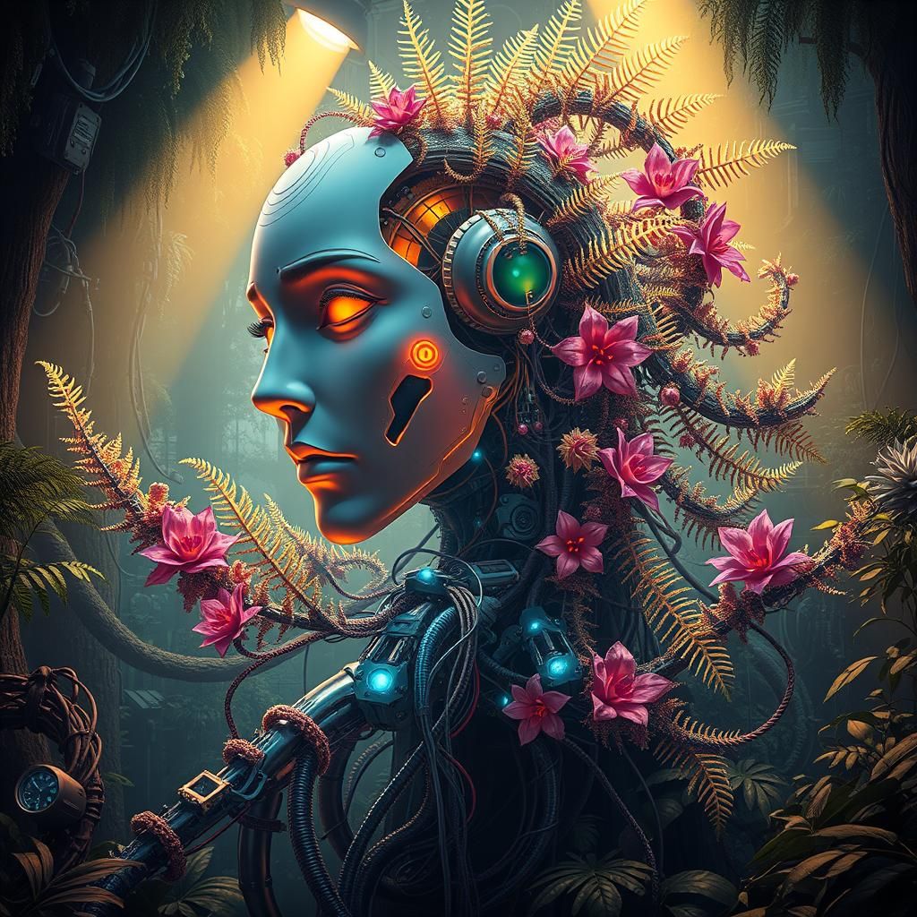 Biomechanical Fusion: AI Face and Futuristic Flora