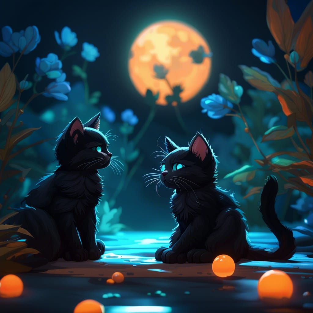Black Kittens in Blue Moonlight: Digital Concept Art