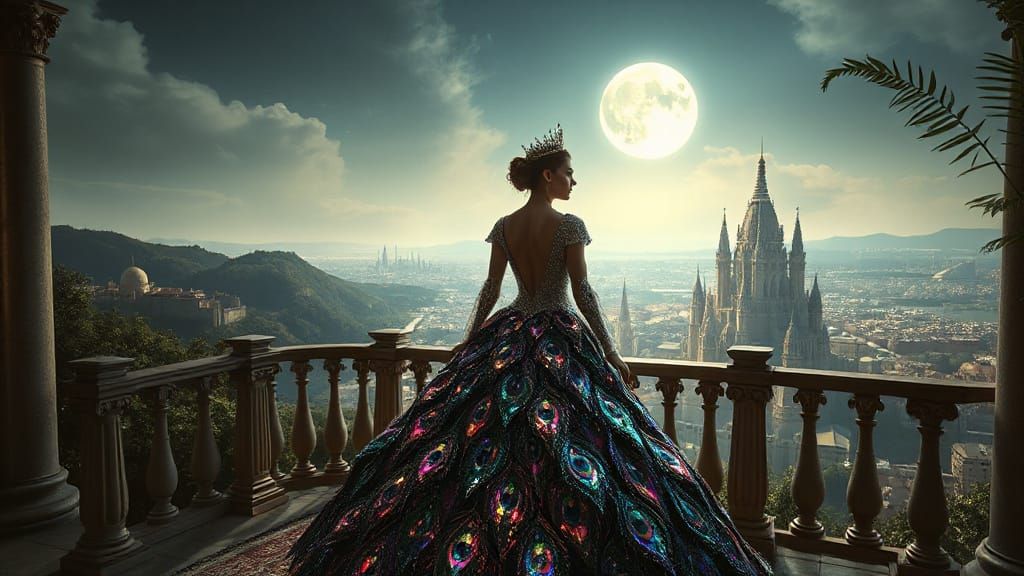 Queen on Balcony Overlooking Moonlit Fantasy City