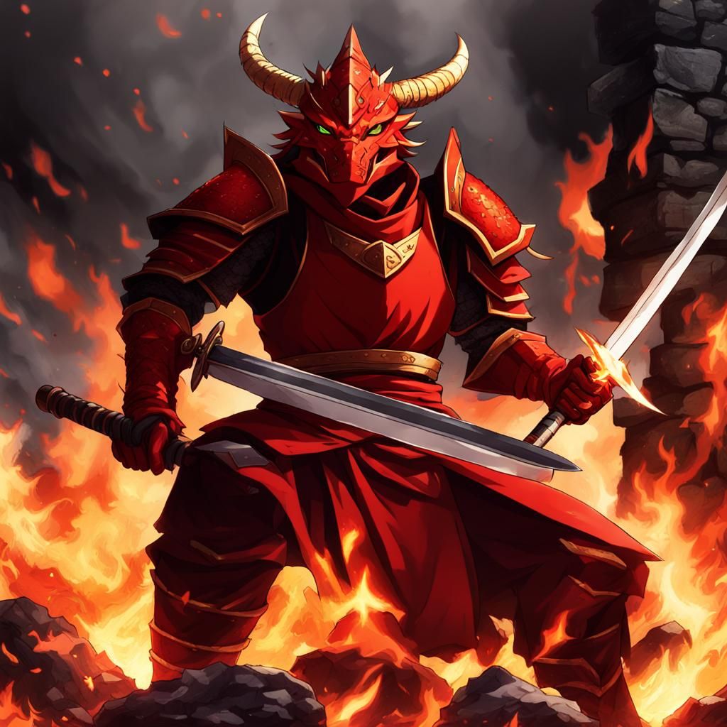 Red Dragonborn Swordsman in Anime Style