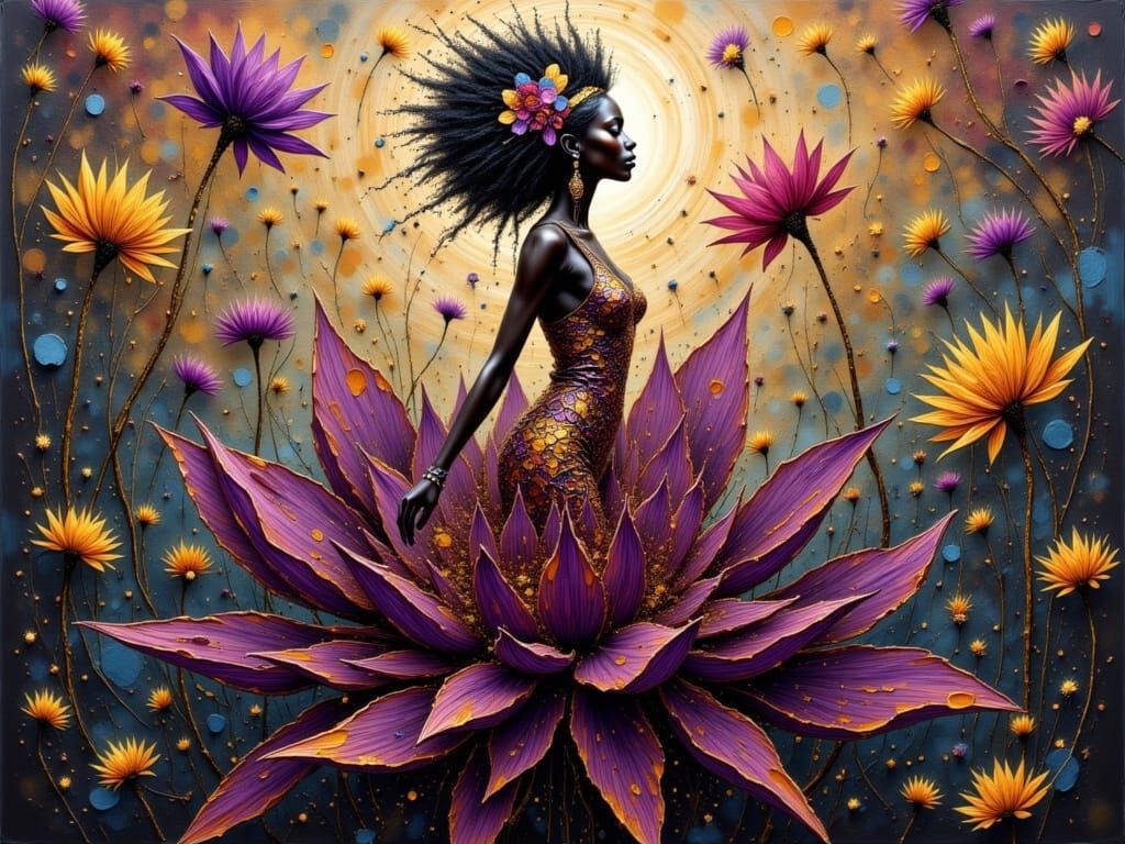 African Dancer Emerging from Purple Lotus Flower Painting