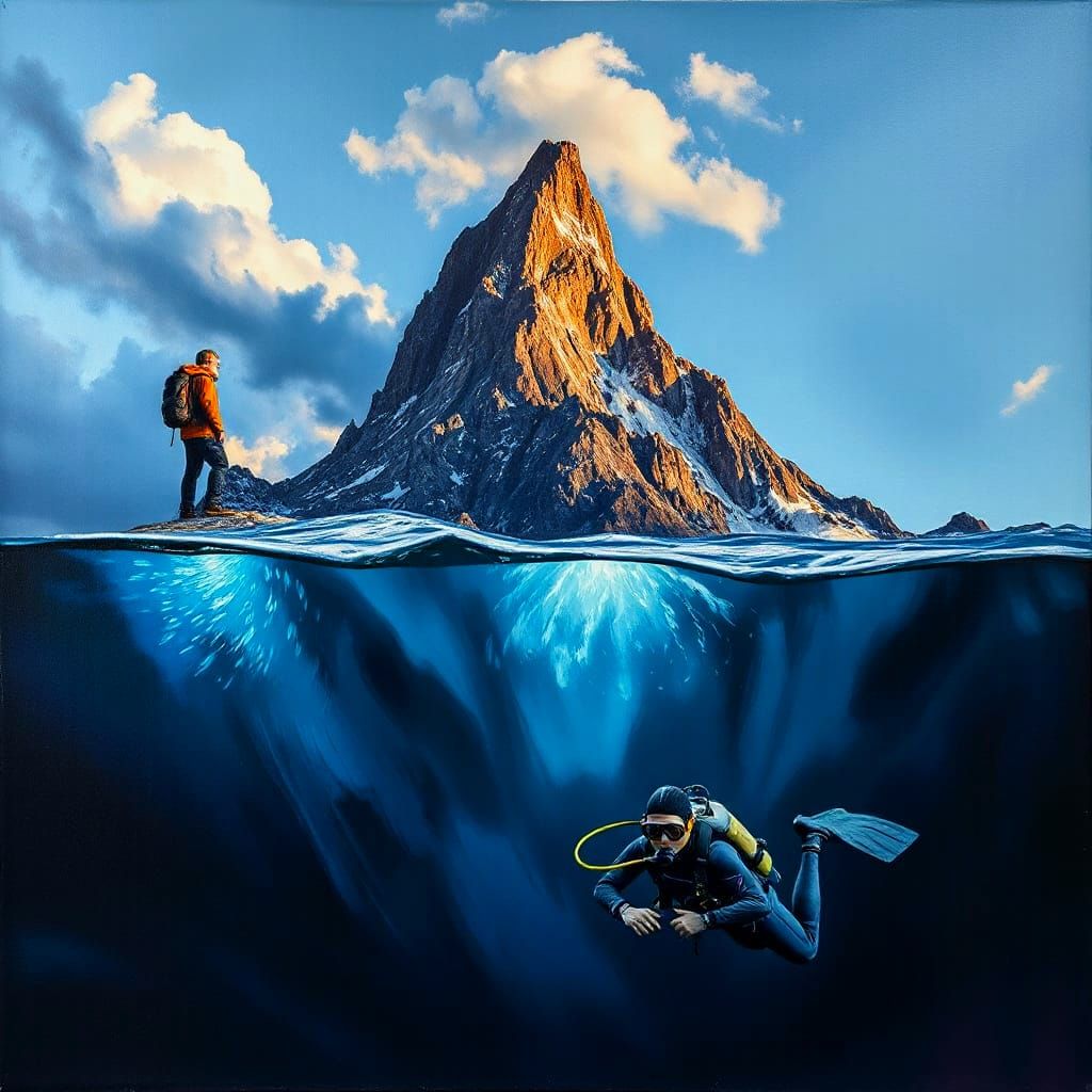 High Mountain and Deep Sea in Oil Paint Style