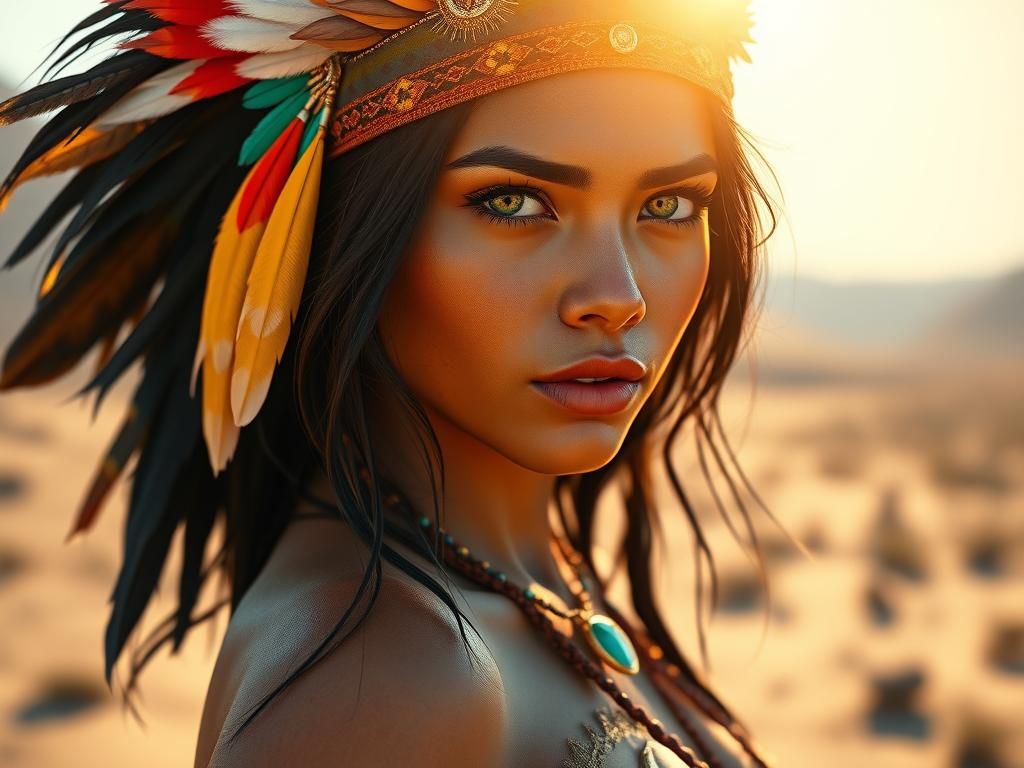 Native American Beauty in Desert Landscape, Hyperrealism