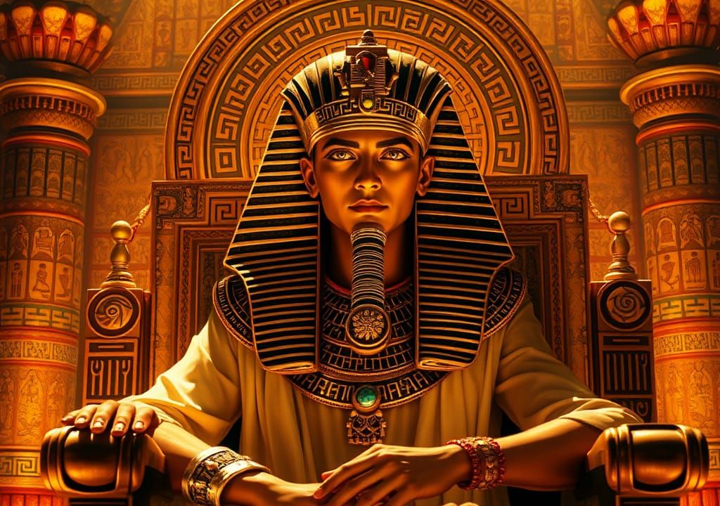 Pharaoh Mikelinos on Ornate Throne in Egyptian Grandeur