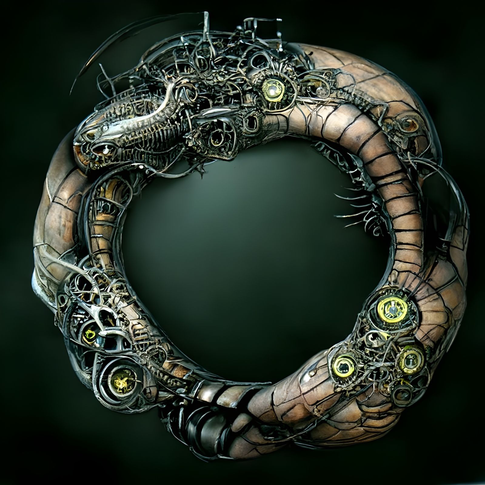 Biomechanical Steampunk Ouroboros with Bioluminescence