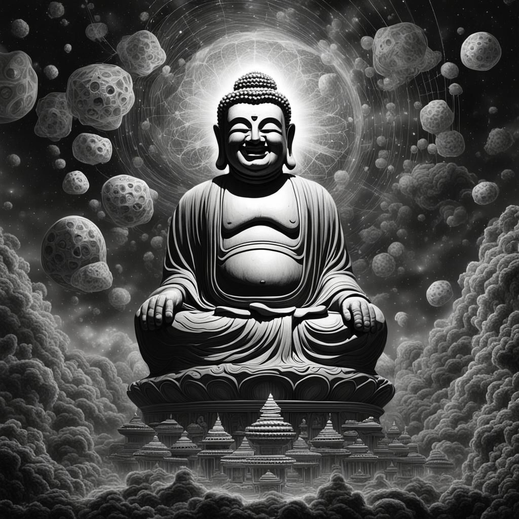 Laughing Buddha in Atom: Surreal Space Art