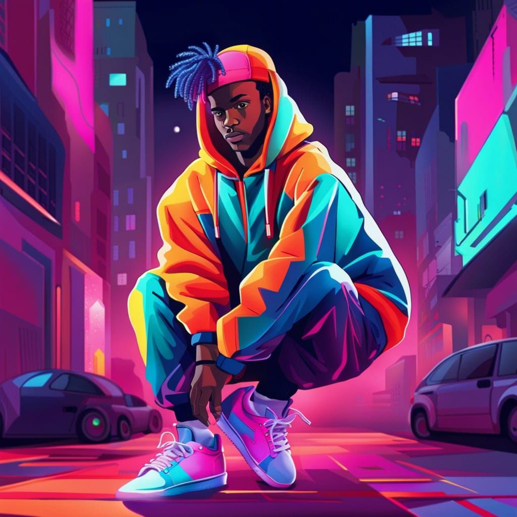 80s Breakdancer in Urban Neon Landscape