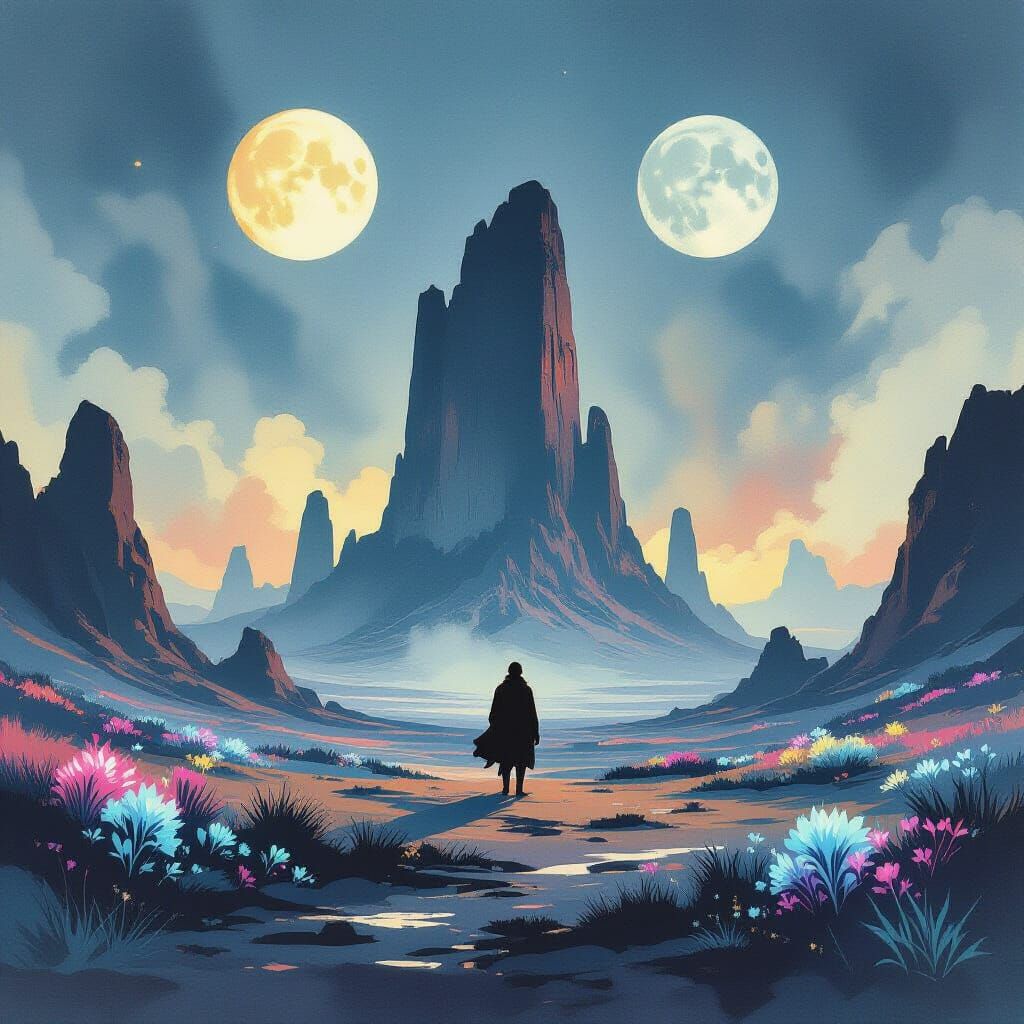 Alien Traveler Gazing at Ancient Ruin Under Twin Moons