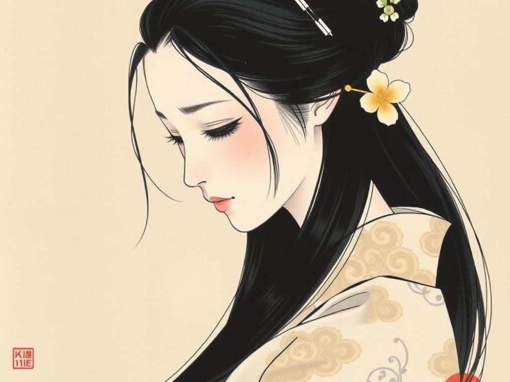 Elegant Woman in Kimono: Japanese Ink Painting