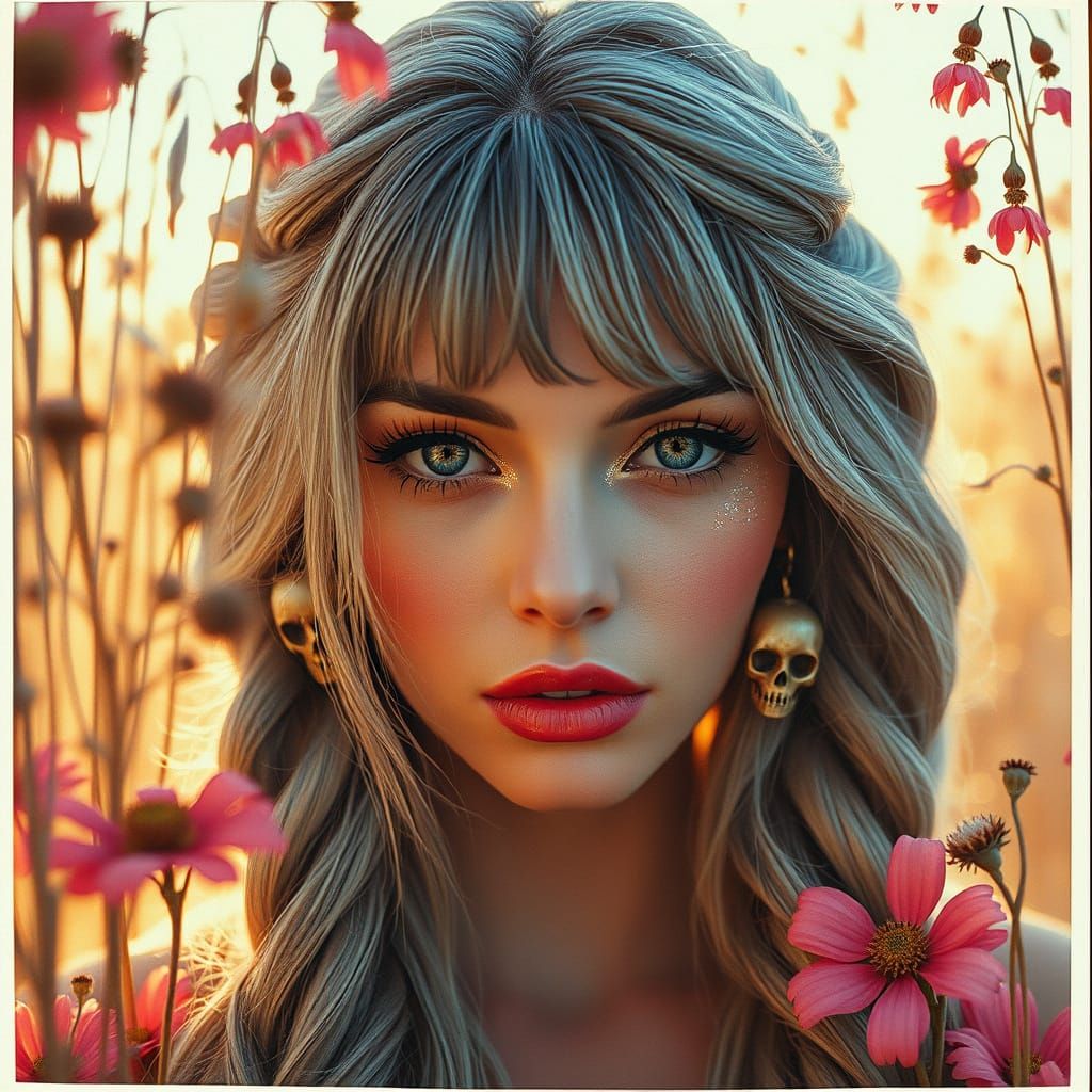 Ethereal Woman in Dried Flower Kaleidoscope, Golden Hour Glo...