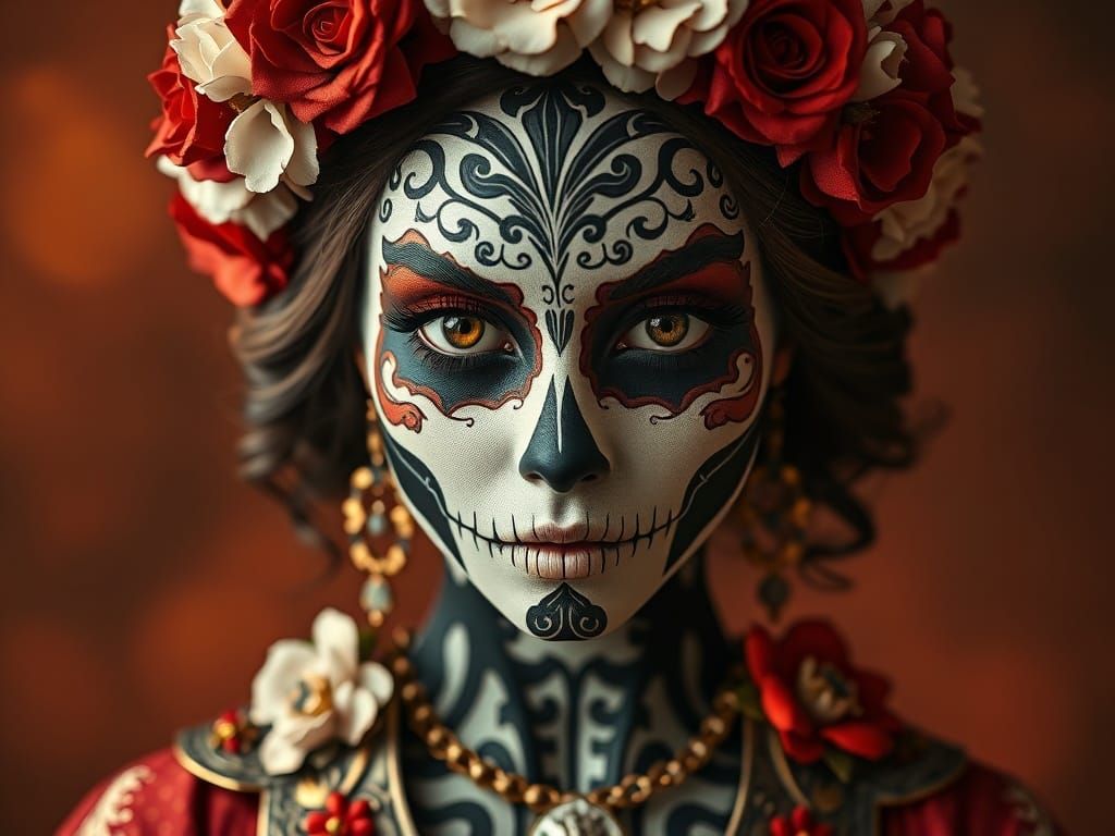 Regal Woman with Elaborate Skull Makeup and Floral Crown