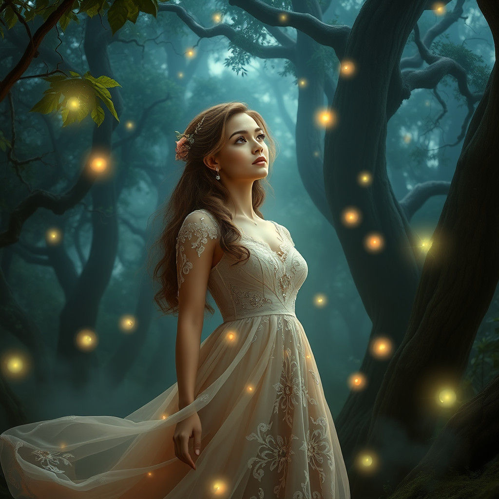 Woman in Gown in Mystical Forest