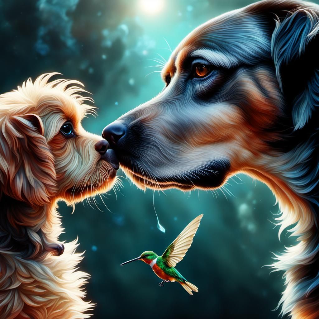 Crystal Hummingbird Touches Dog Nose: Digital Art