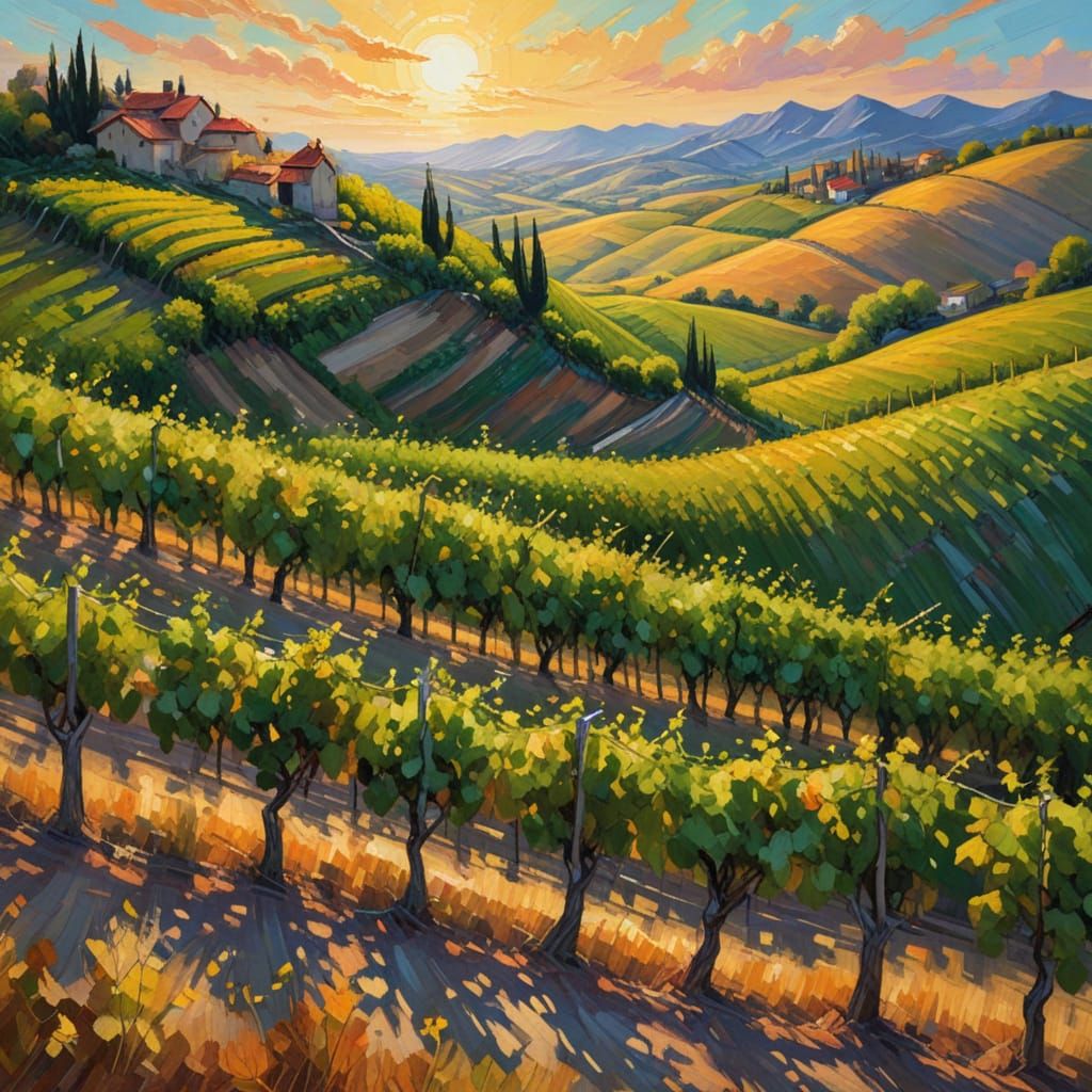 Vibrant Landscape with Rolling Hills and Grapevines in Impre...