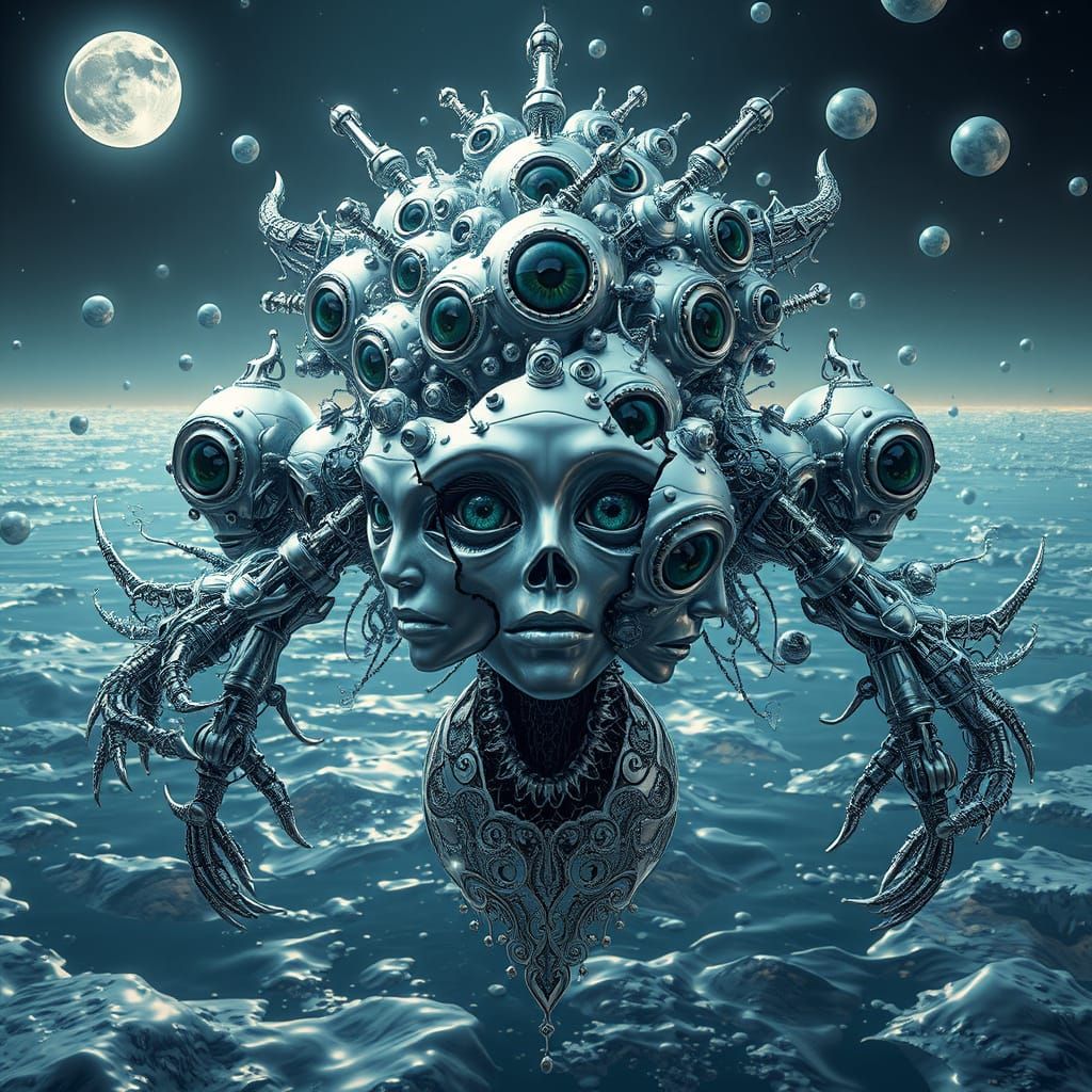 Surreal, Metallic Gods in Eerie Dreamscape