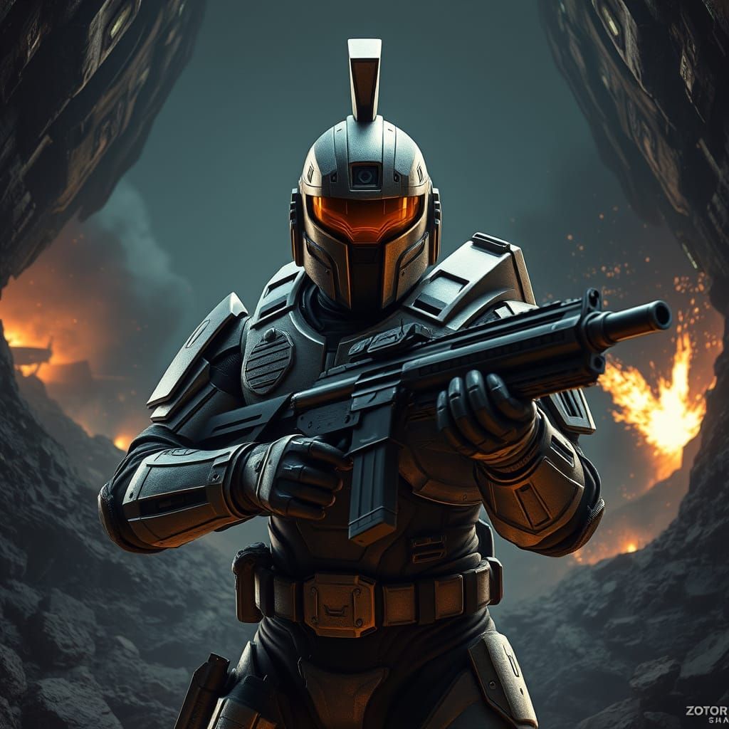 Dark Gray Spartan Warrior in Futuristic Armor