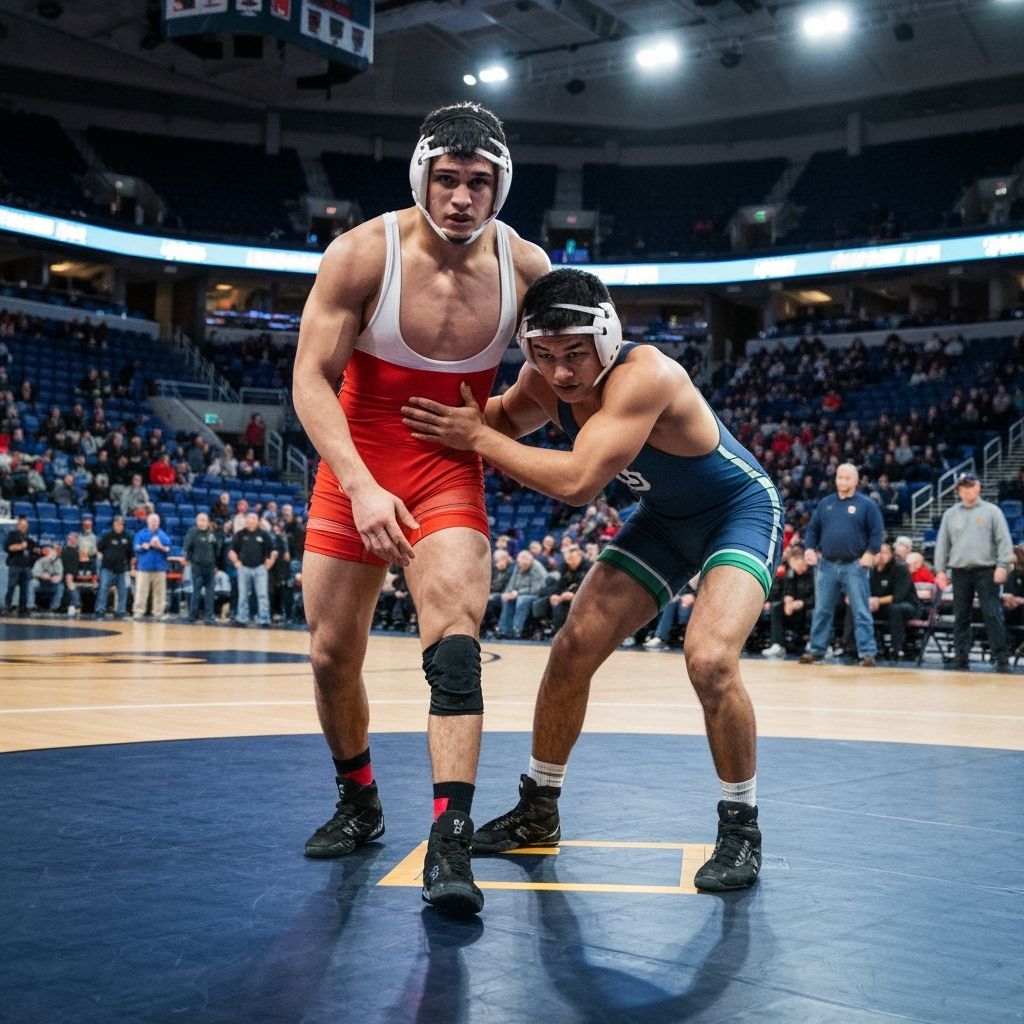 Wrestlers in Dynamic Pose at Brightly Lit Arena