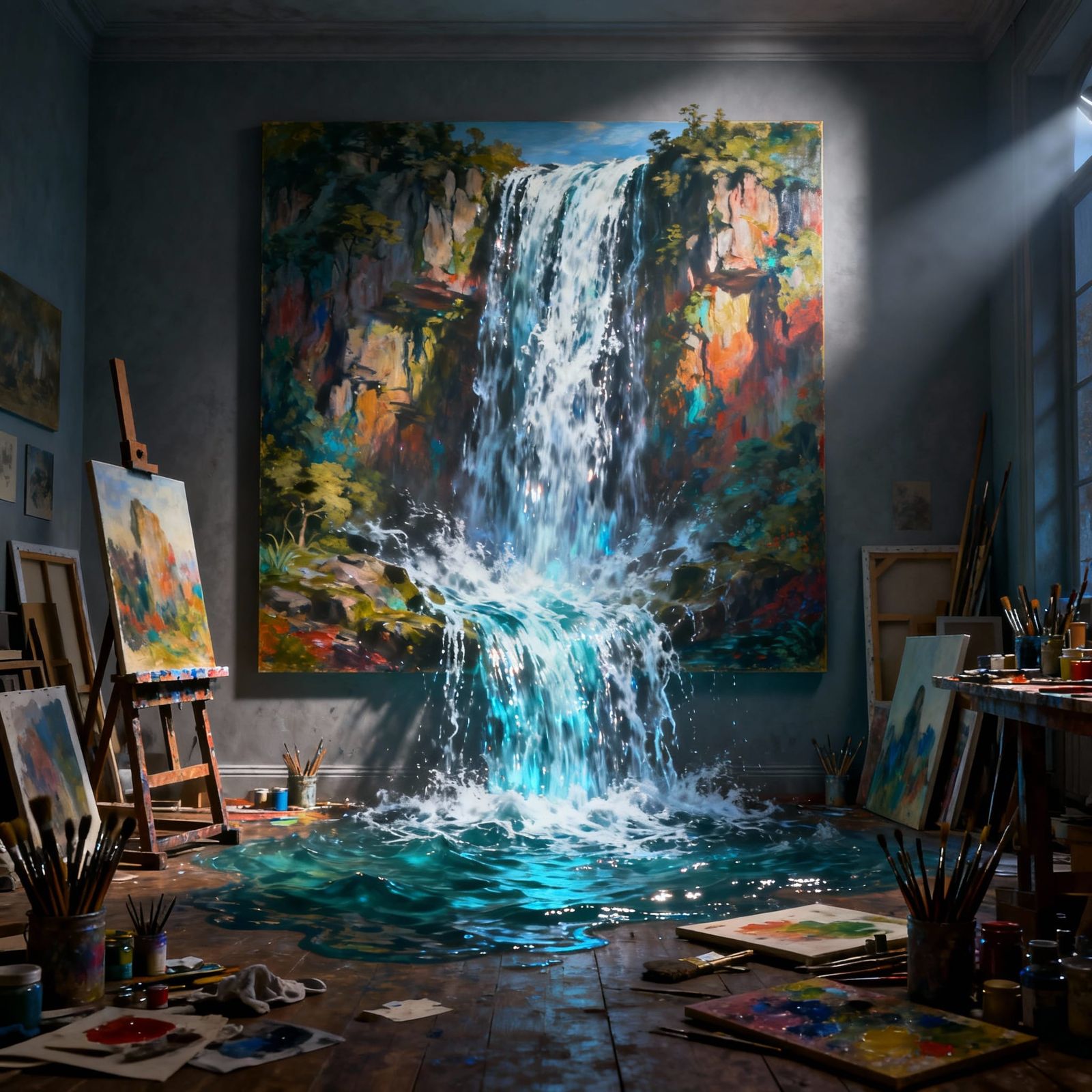 Artist Studio With Realistic Waterfall From Painting