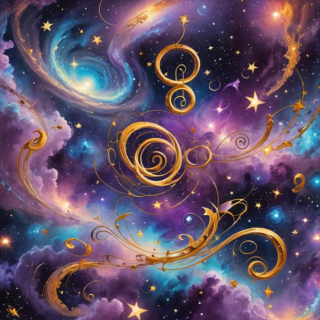 Cosmic Surrealism: Musical Notes Dancing in Space